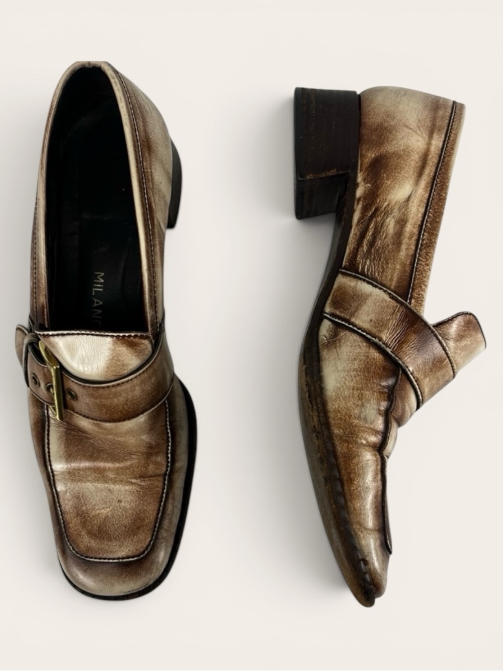 Prada Vintage Effect Leather Loafers Women 9.5 in Brown Aged Finish